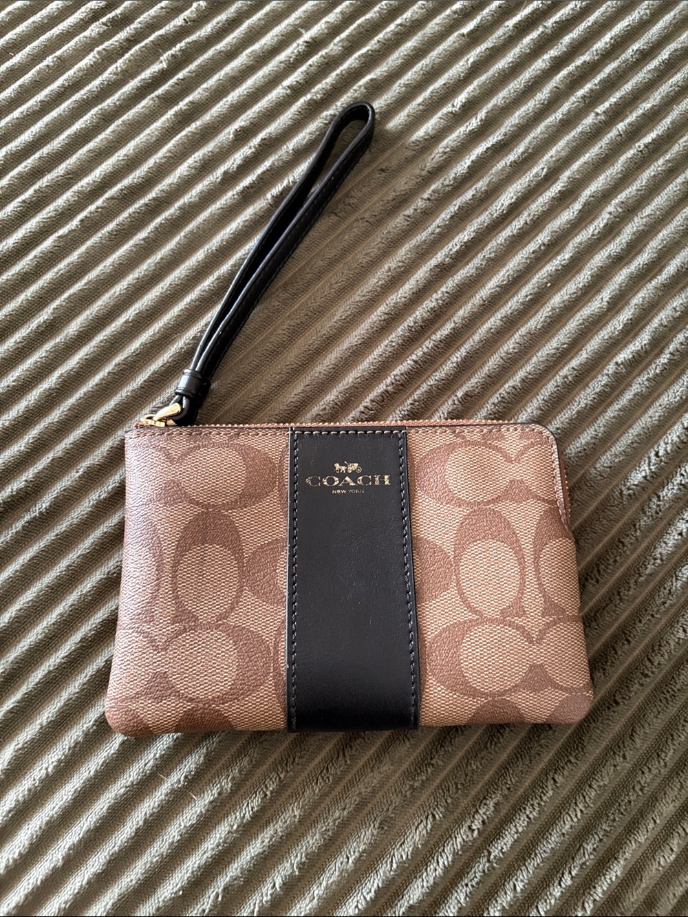 Coach Brown Signature Canvas Wristlet with Black Center Panel
